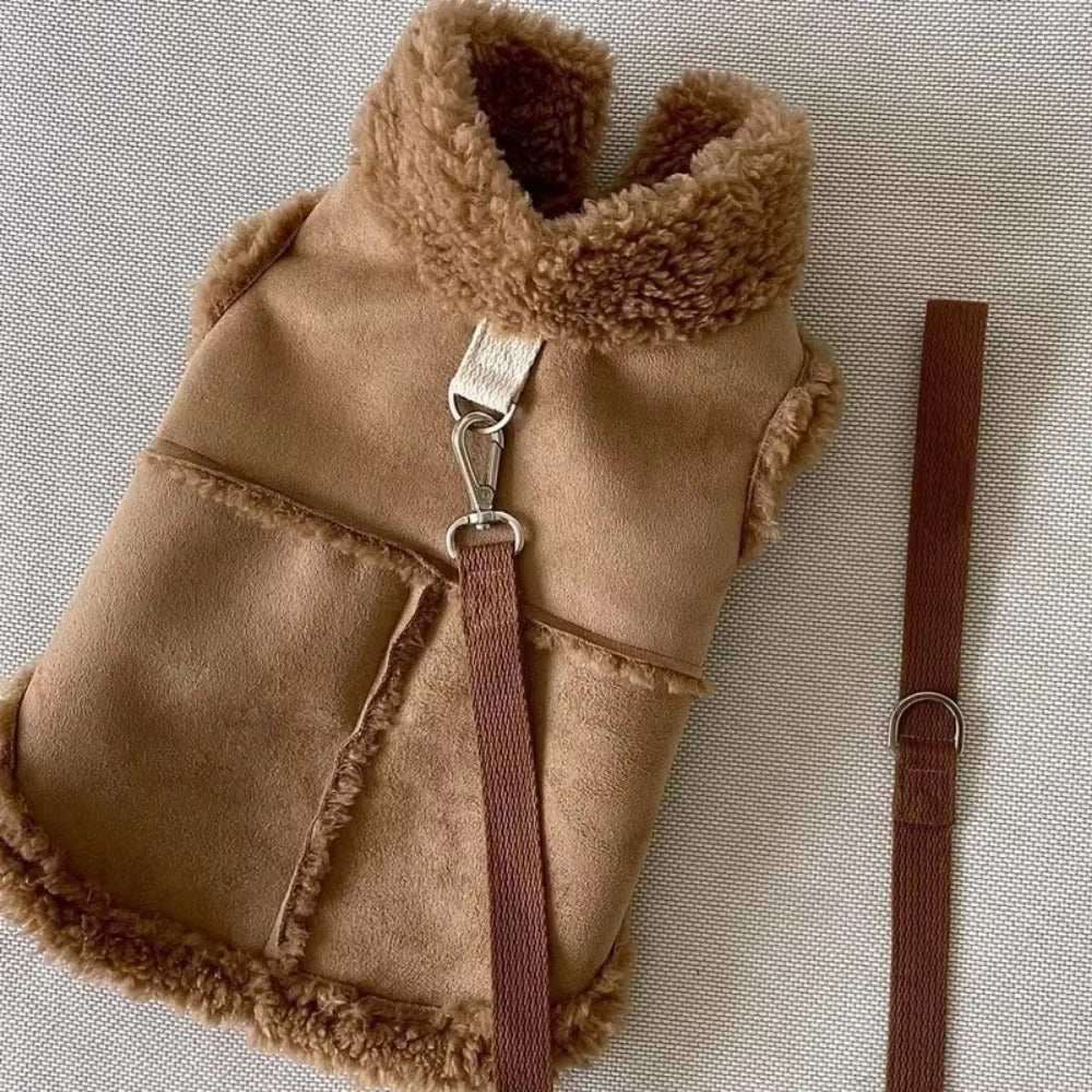 Brown suede pet vest with collar and leash attachment for warmth and style