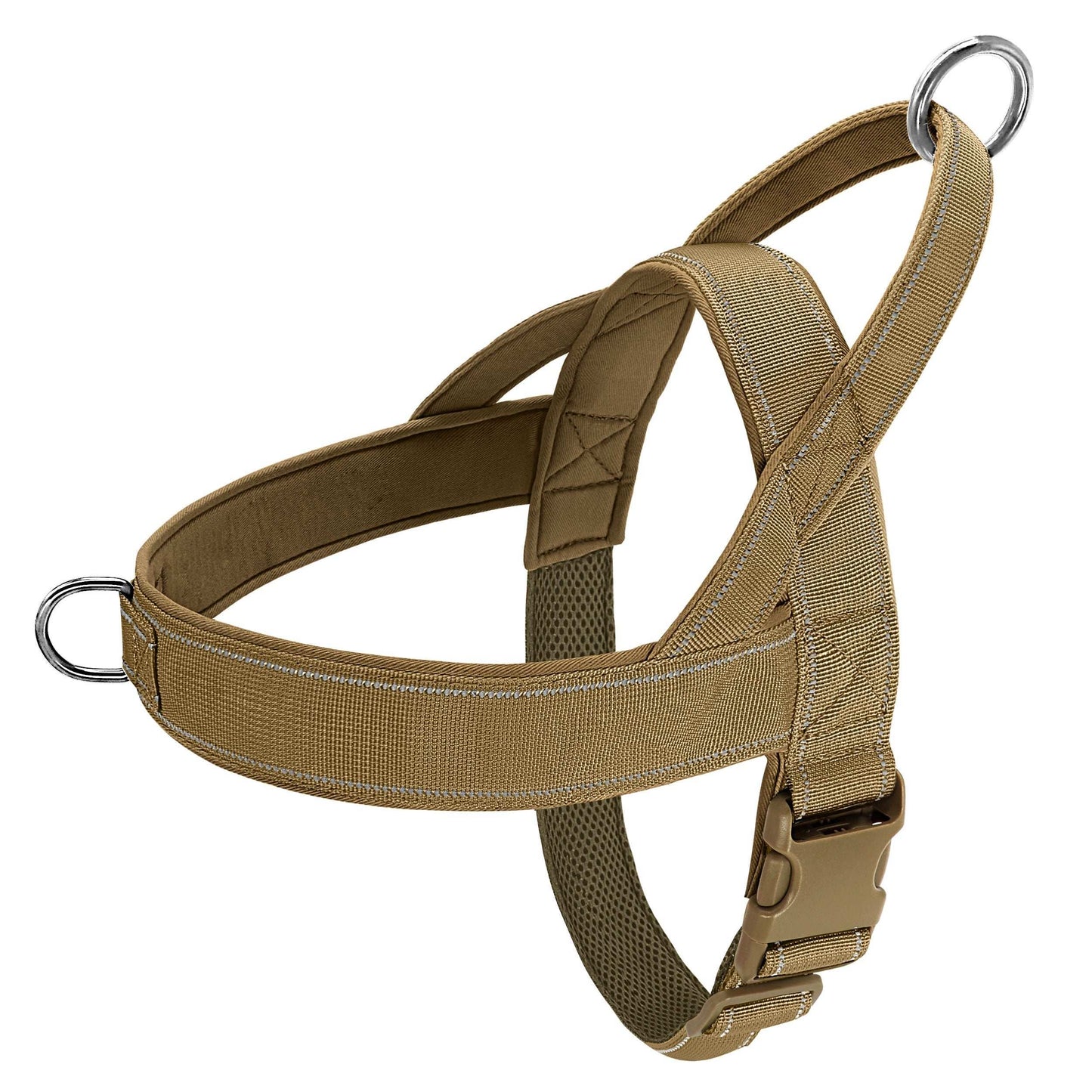 Reflective tan nylon pet harness with secure buckle and metal rings for safety and comfort