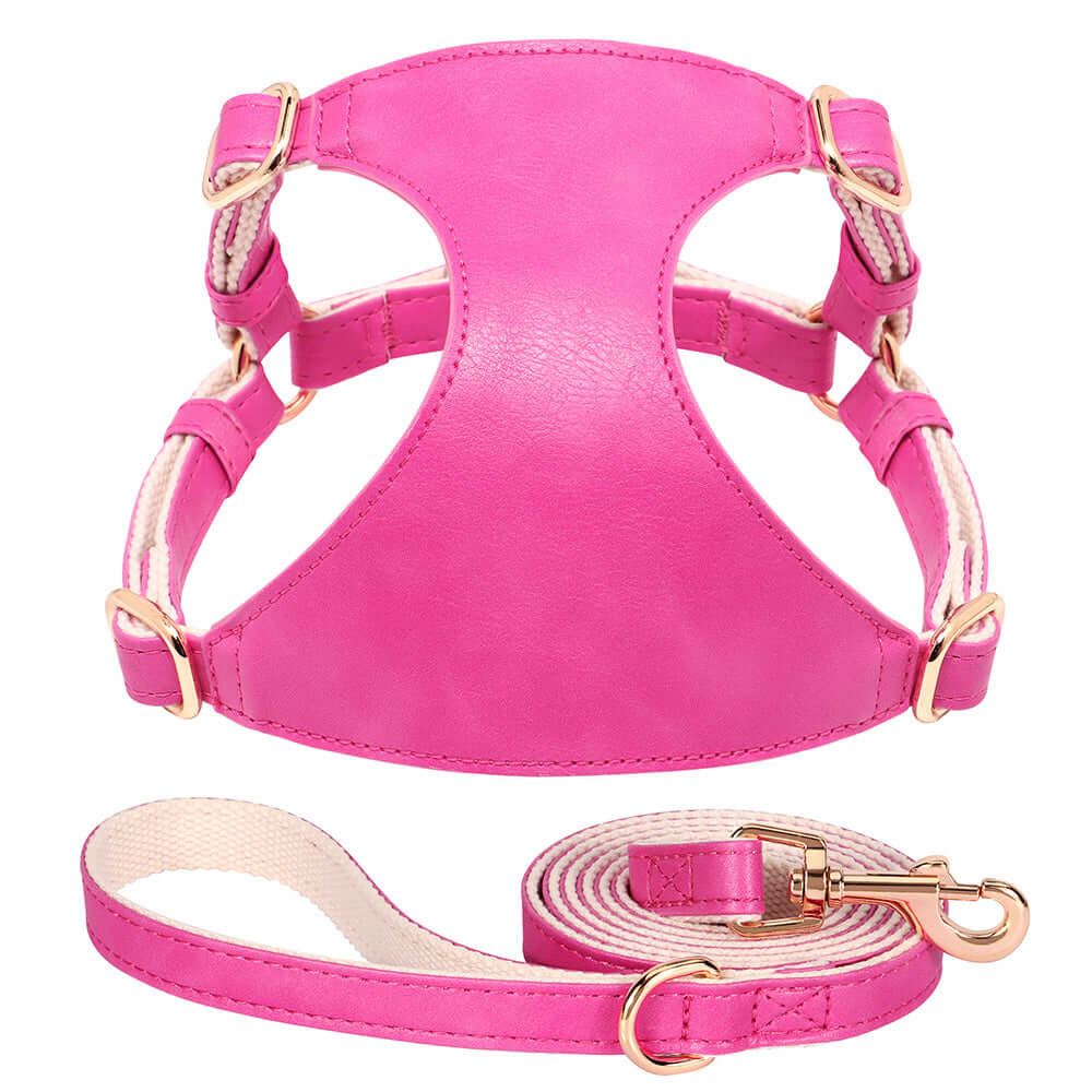 Bubble gum pink leather harness and leash set for dogs by Pet Panache Boutique, showcasing soft leather and sturdy design.