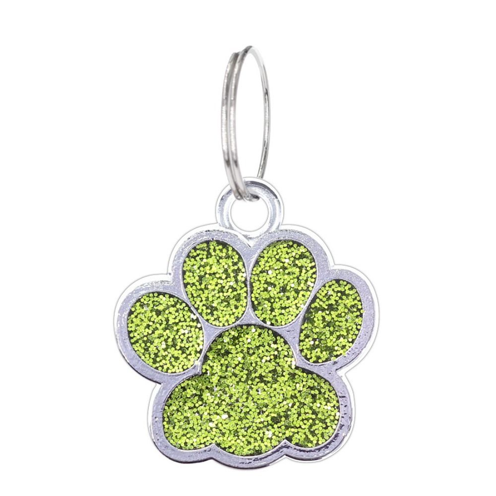 Glitter paw print collar charm in green with silver outline and keyring attachment