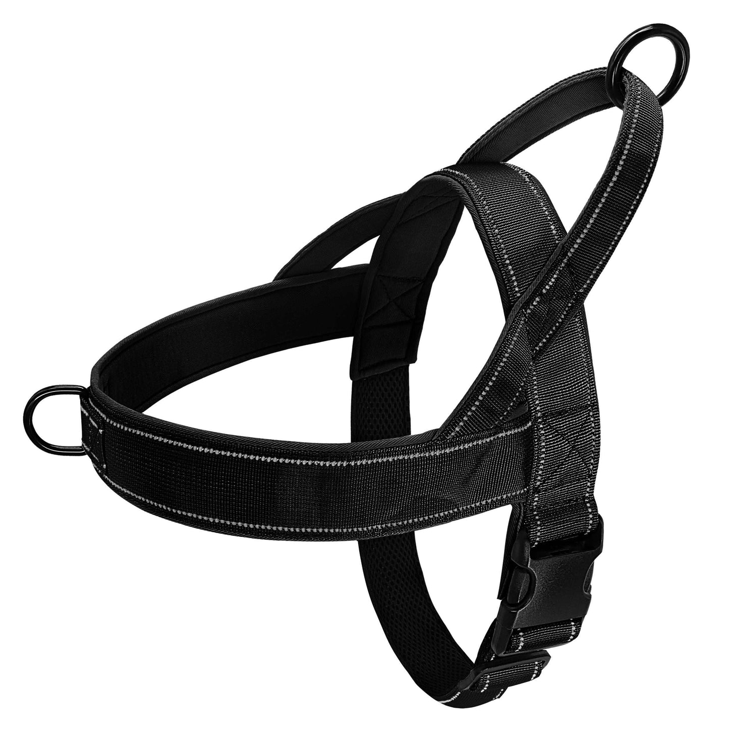 Reflective black nylon pet harness with secure fit and padded straps for comfort