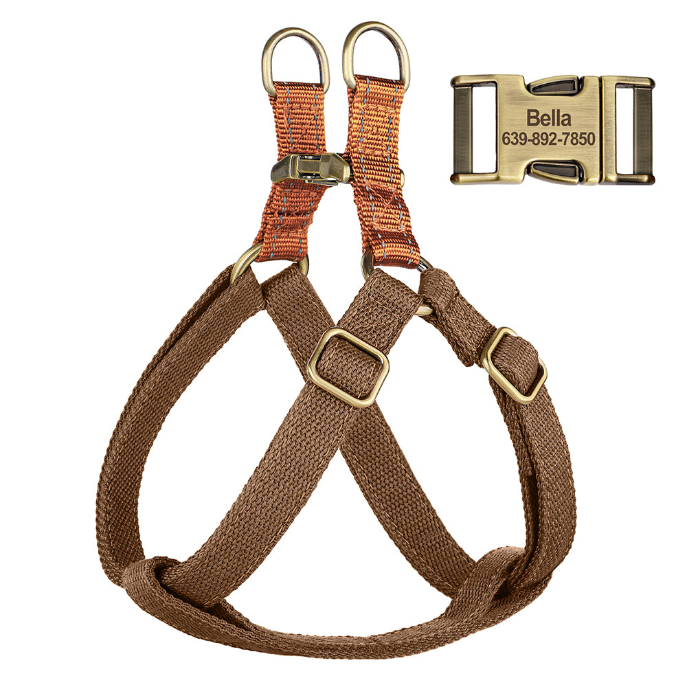 Personalized tan pet harness by Pet Panache Boutique with adjustable straps and custom name tag for comfortable control.