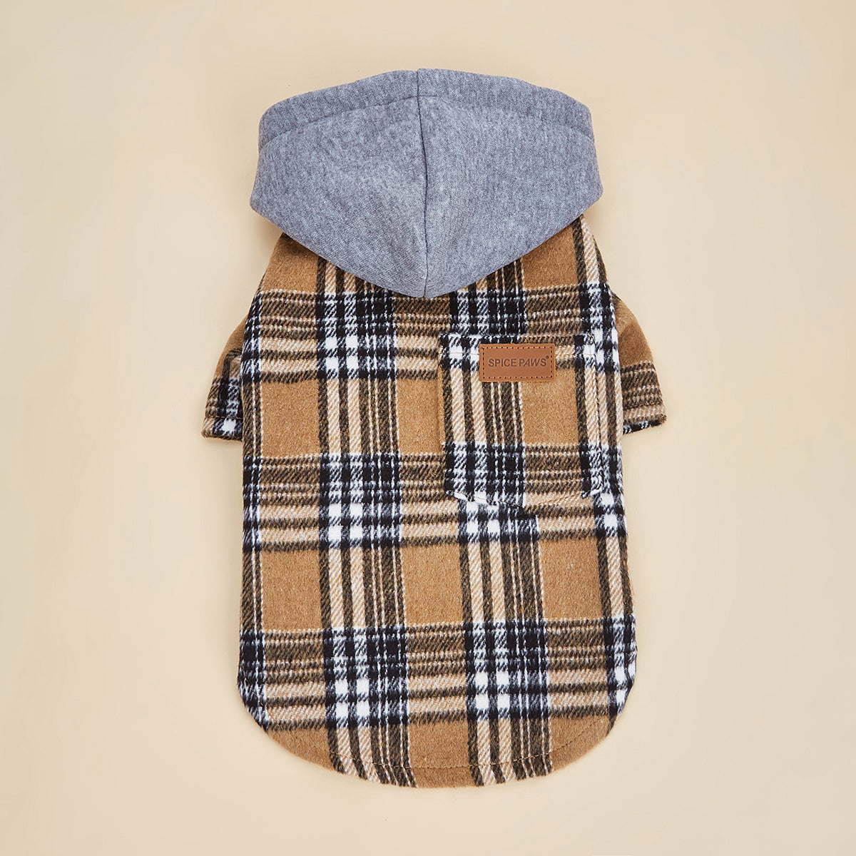 Tan plaid pet hoodie with blue hood, soft breathable fabric, and stylish comfortable fit
