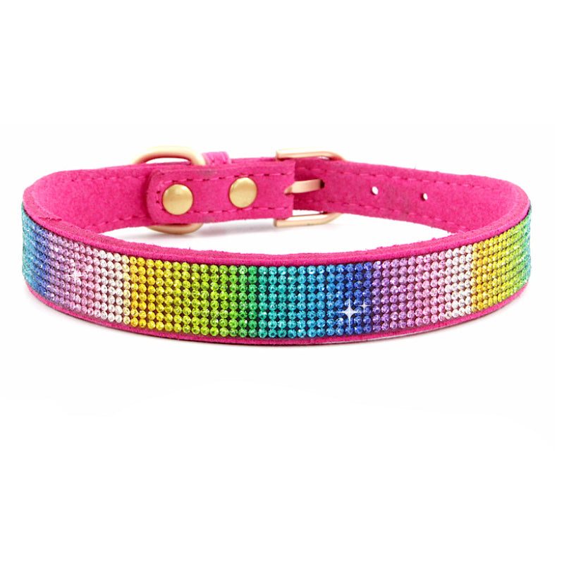 Rhinestone Rainbow Pet Collar with multicolored sparkling stones and pink adjustable strap for pet comfort and style