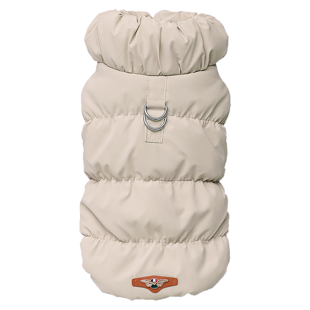 Light beige pet vest with fleece lining and D-ring harness attachment