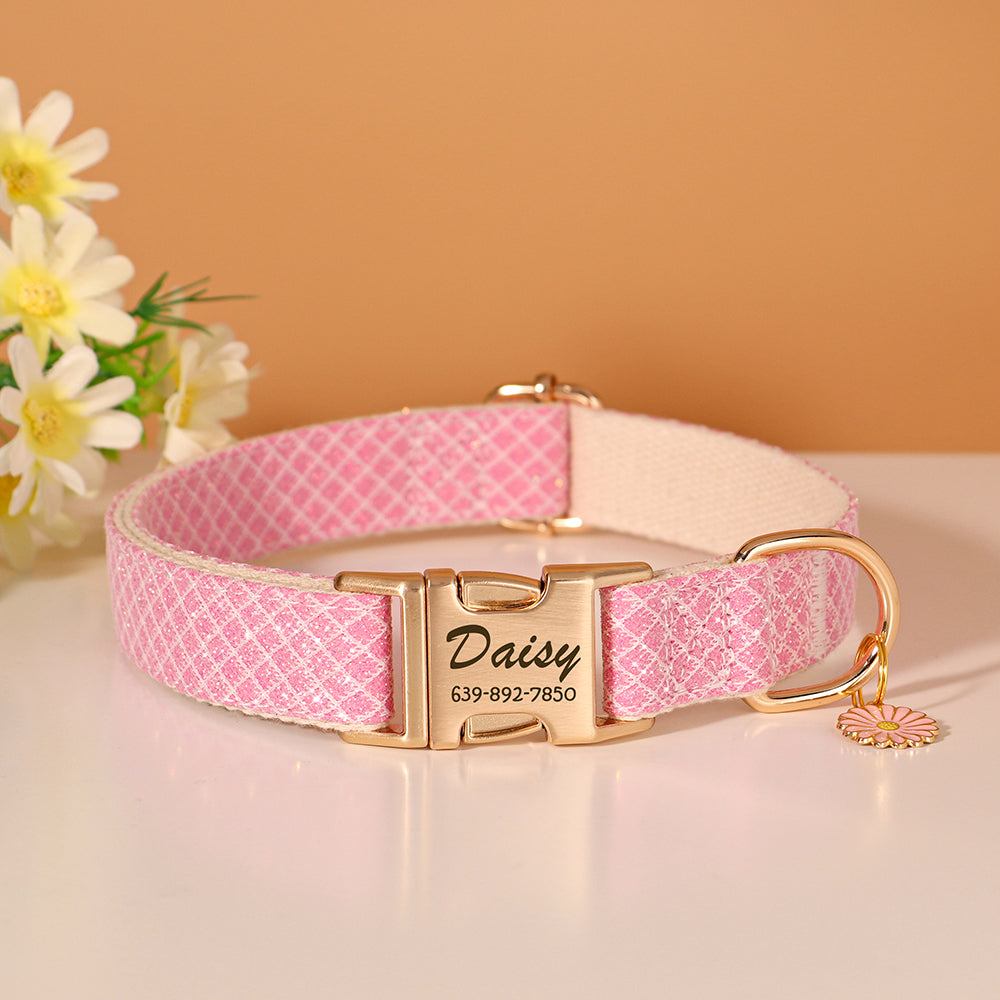 Pastel multicolor mermaid pattern collar in pink with gold buckle and personalized name tag for pets