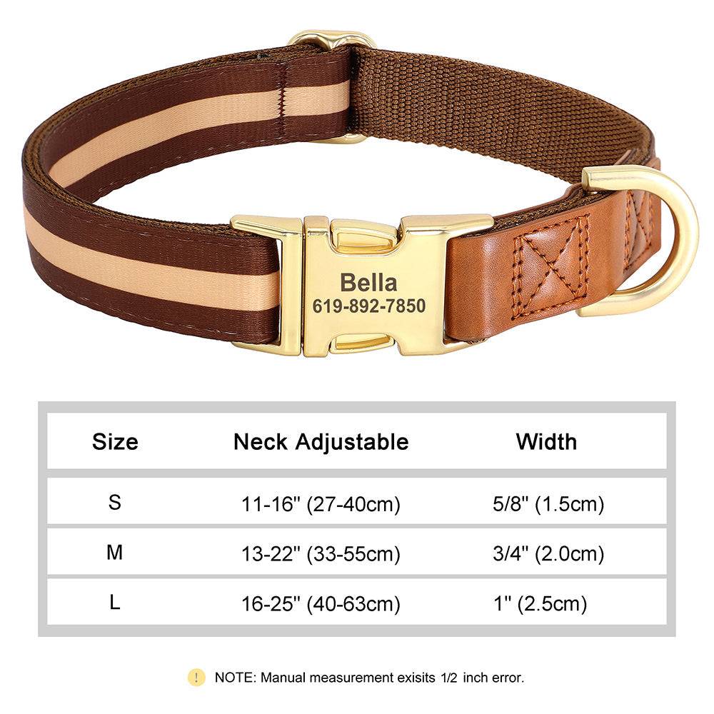 Brown/tan striped adjustable pet collar with personalized gold buckle and leather detail