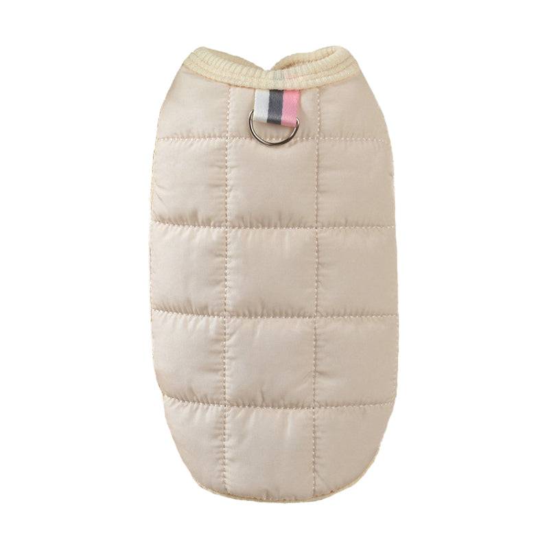 Beige pet quilt pattern shirt with pink and gray details and leash loop