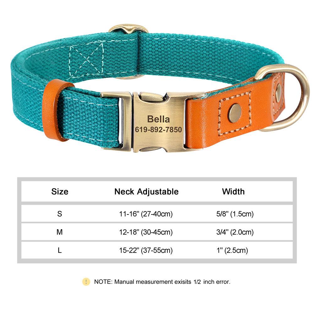 Personalized teal nylon and leather pet collar with metal buckle and name engraving