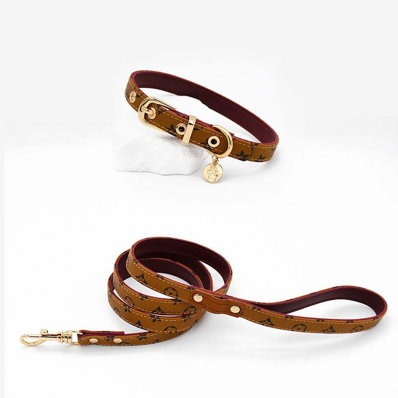 Brown Stars Leather Small Dog Harness or Collar & Leash Set