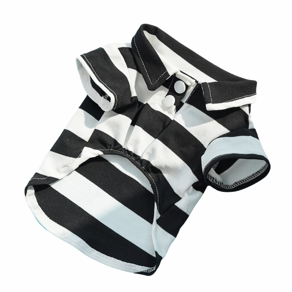 Black and white striped pet shirt from Pet Panache Boutique, featuring a comfortable fit for small dogs and cats.