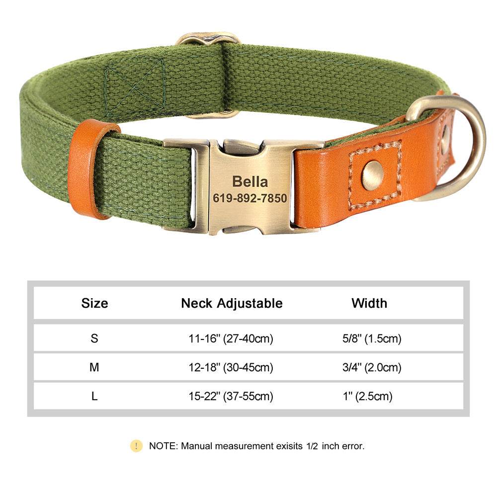 Personalized nylon and leather pet collar with adjustable green nylon strap and engraved metal buckle for comfort and durability