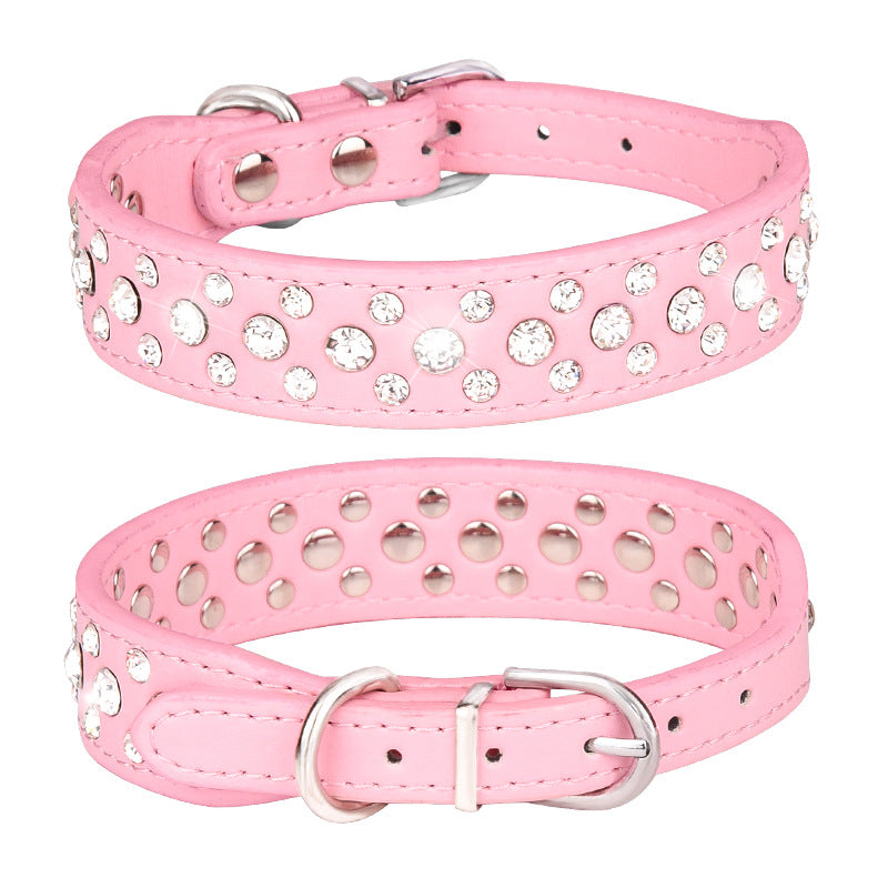 Pink rhinestone genuine leather pet collar with metal buckle and decorative stones, featuring a stylish and durable design.