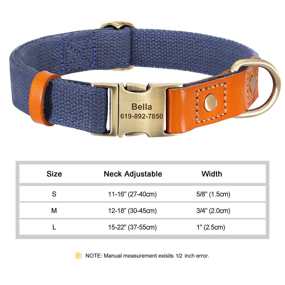Personalized nylon and leather pet collar with engraved name and phone number, adjustable sizes S to L, durable and stylish design