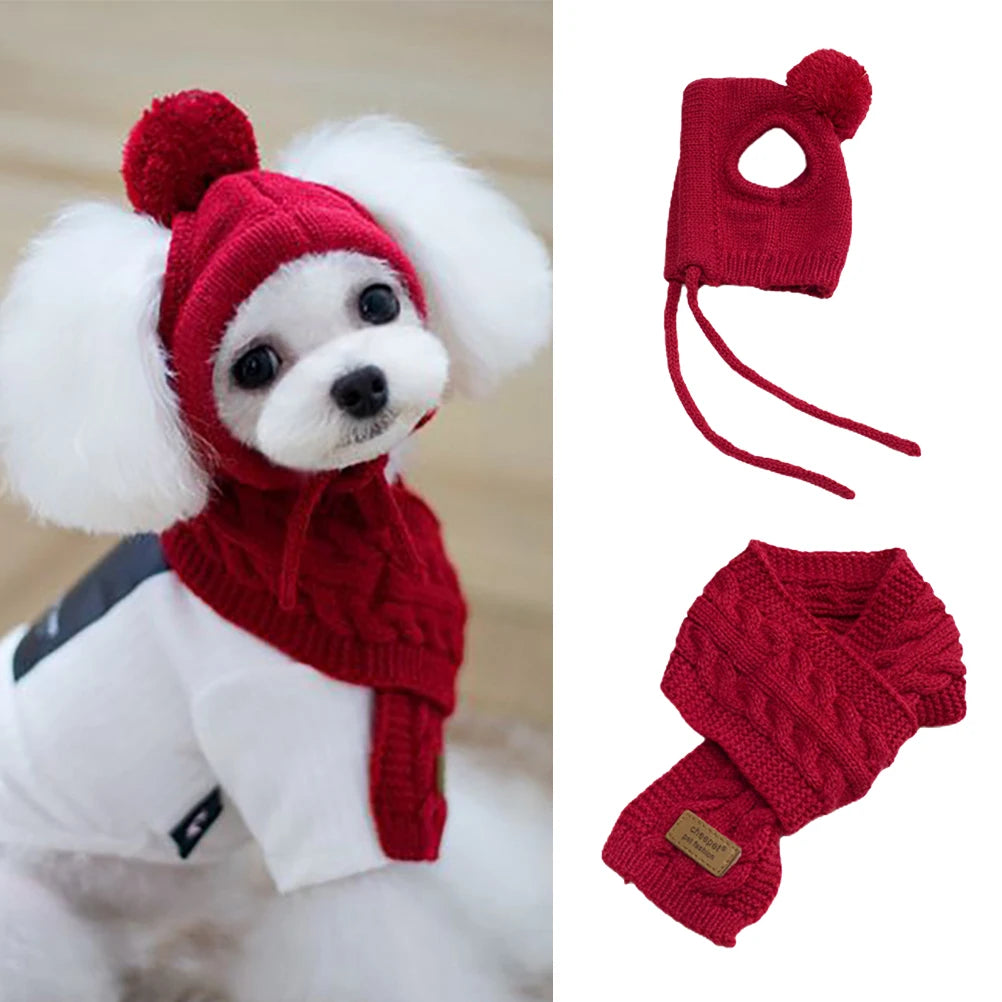 Slate Blue or Ruby Red Pet Pompom Hat & Scarf Set - Pet Panache Boutique
