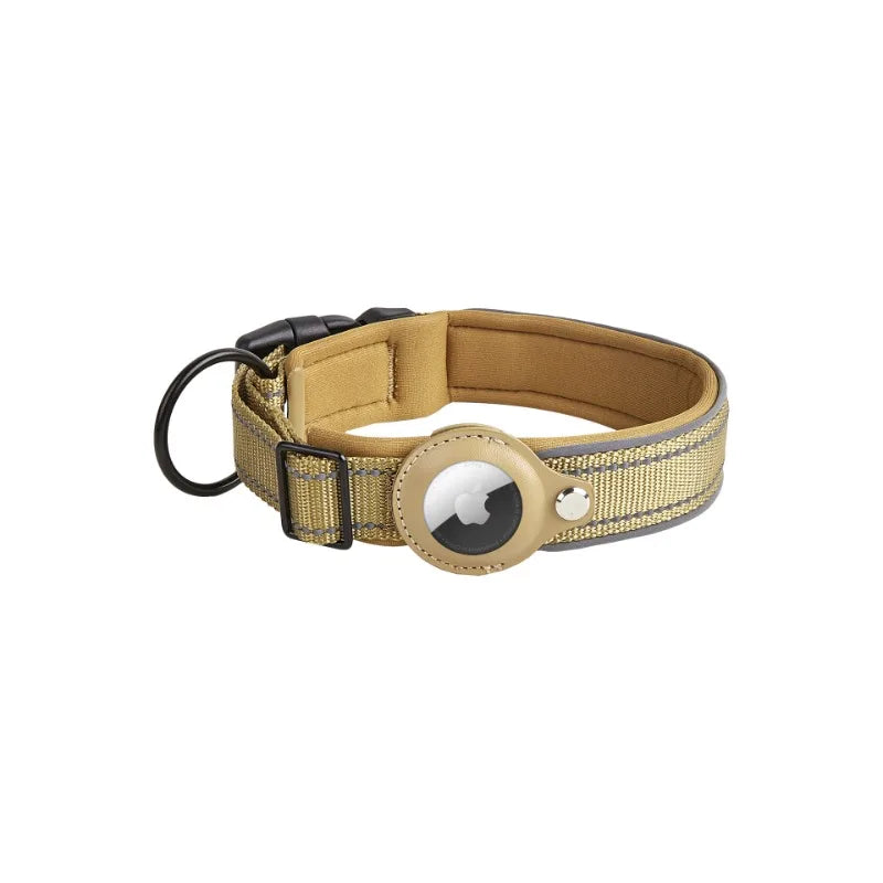 Durable beige pet air tag collar with secure AirTag holder and adjustable buckle