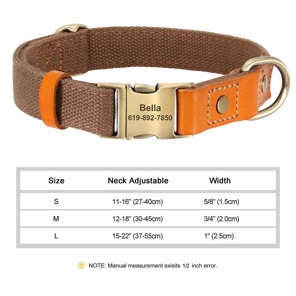 Personalized nylon and leather pet collar with adjustable size and engraved name tag