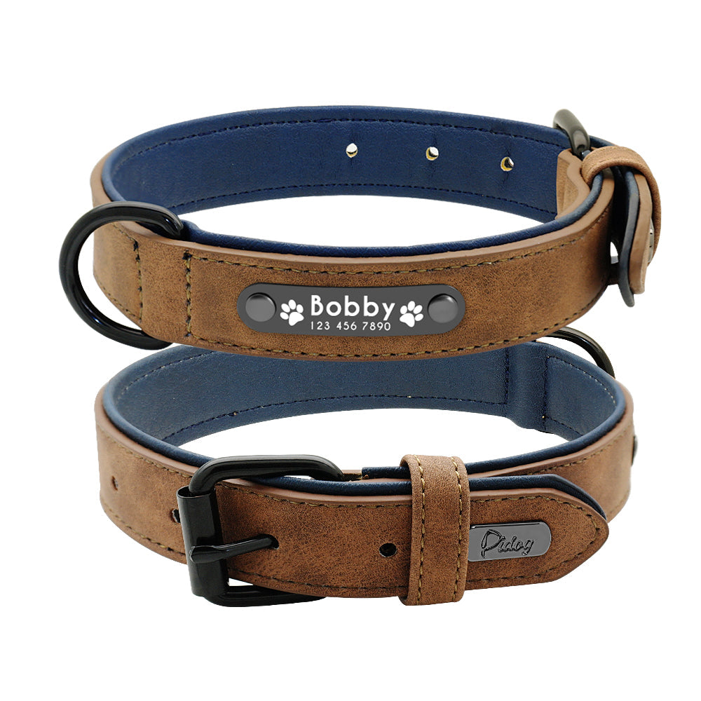 Personalized brown leather pet collar with engraved nameplate and black buckle detailing