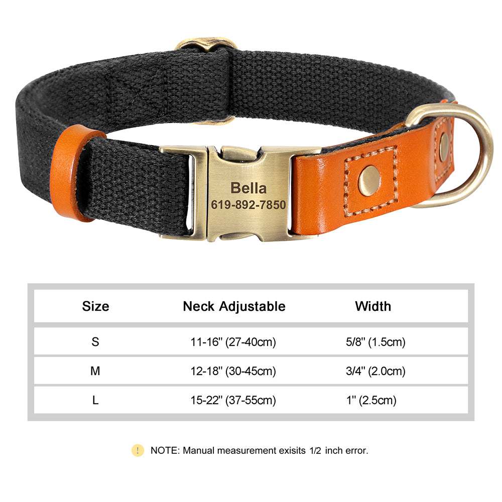 Personalized black nylon and leather pet collar with engraved name and phone number, adjustable sizes and durable design