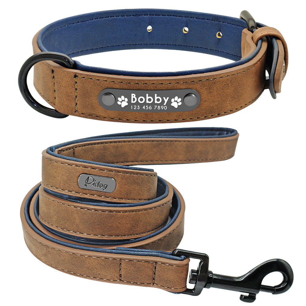 Personalized brown leather pet collar and leash set with engraved nameplate and sturdy black hardware