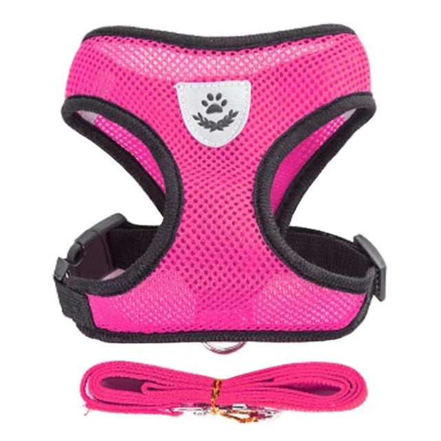 Pink breathable mesh pet harness and leash set with flower detail and black trim