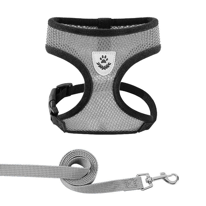 Gray mesh pet harness and leash set with paw print emblem