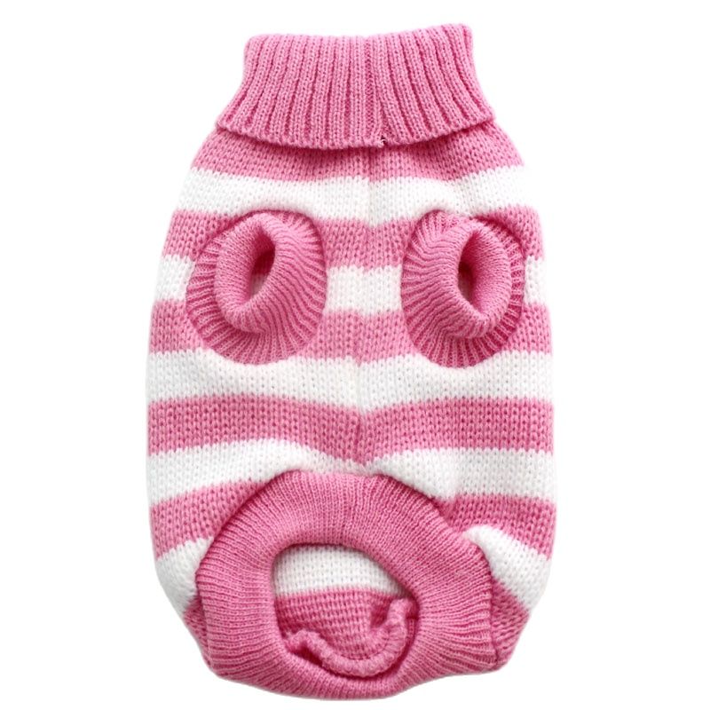 Pink and white striped pet sweater with durable knit fabric and turtleneck collar