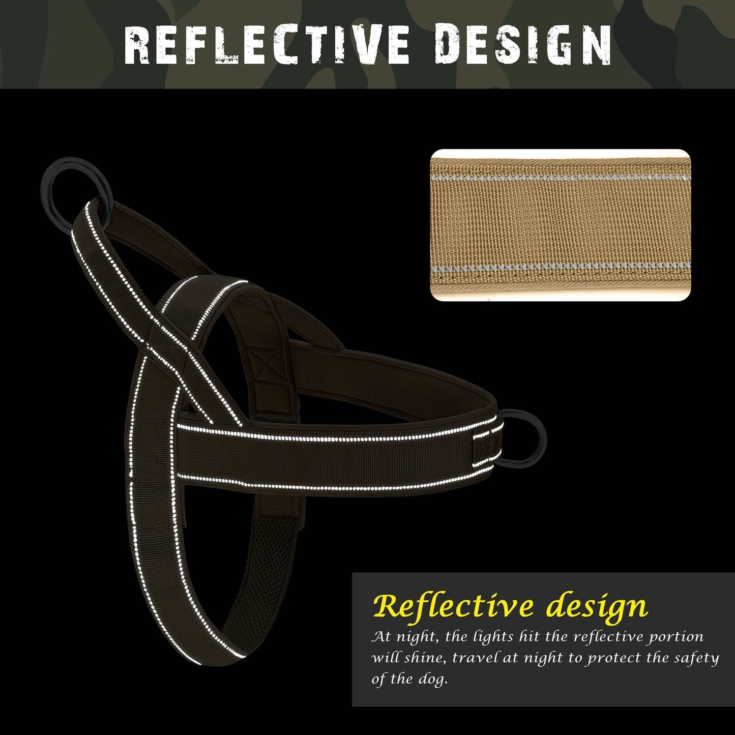 Reflective black and tan nylon pet harness with reflective stitching for nighttime visibility and secure fit