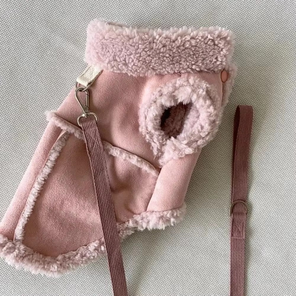 Pink suede pet vest with fluffy trim and matching leash for small pets