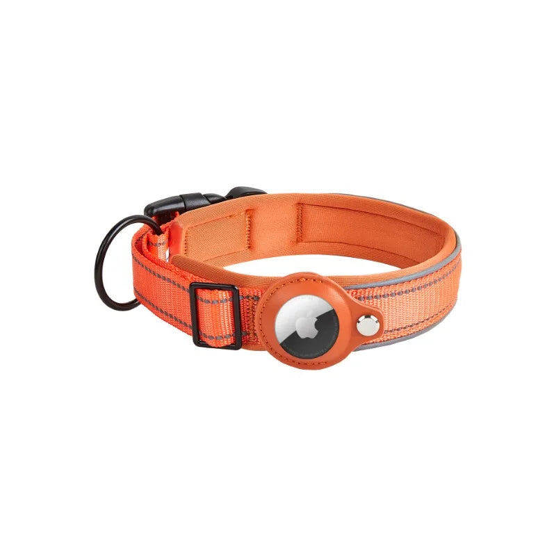 Orange Pet Air Tag Collar with durable material and secure AirTag holder.