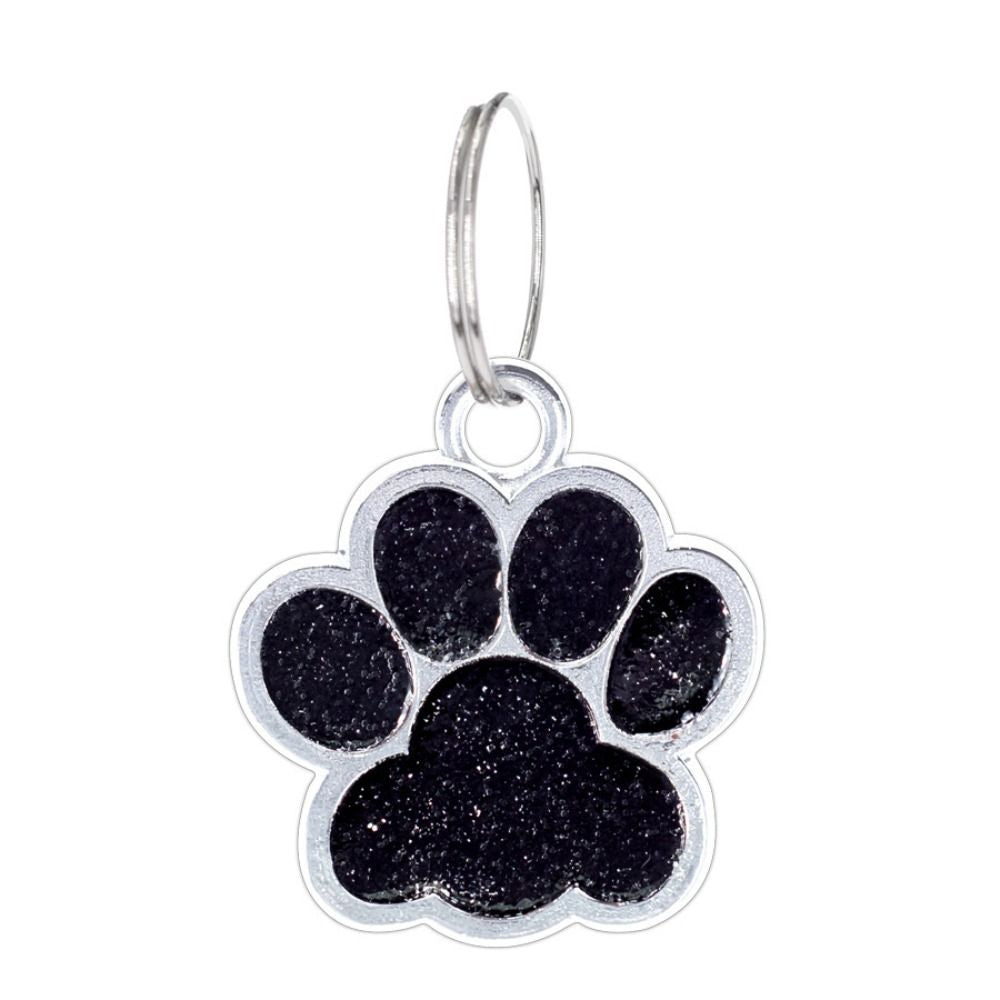 Glitter paw print collar charm in black with silver outline and keyring attachment