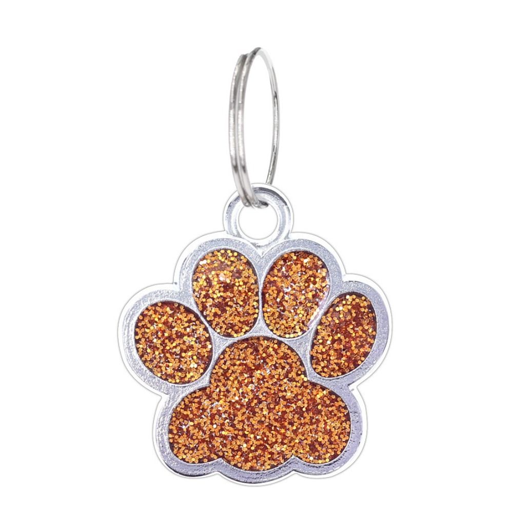 Glitter paw print collar charm with orange sparkles and silver outline for pets