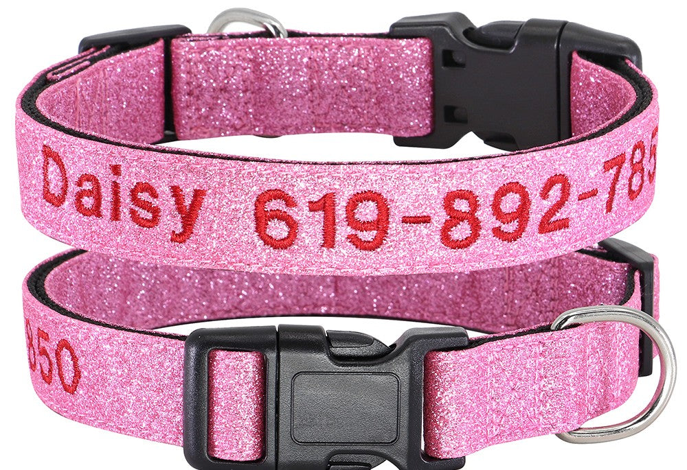 Pink glitter personalized pet collar with adjustable buckle and safety ID plate