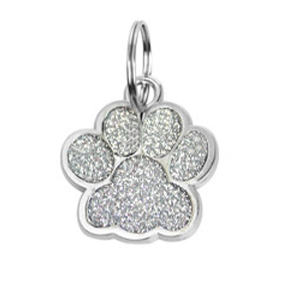Glitter paw print collar charm with sparkling silver glitter and metal ring for pet collars