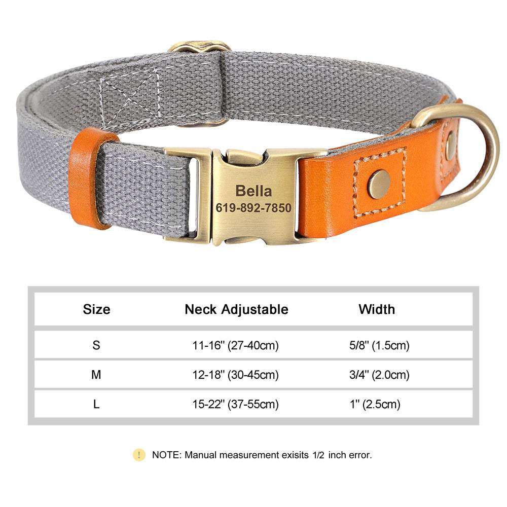 Personalized nylon and leather pet collar with adjustable neck and engraved name tag