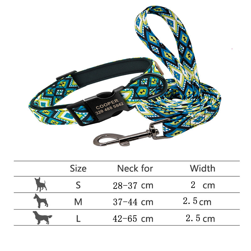 Southwest pattern personalized pet collar and leash set in blue and green with durable no-choke design and secure leash clasp