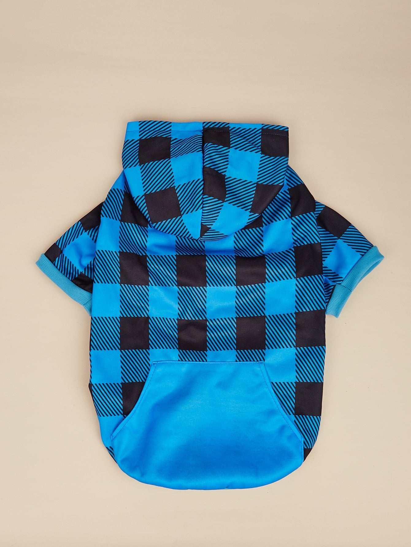Blue and black checkerboard pet shirt with hood in soft fabric