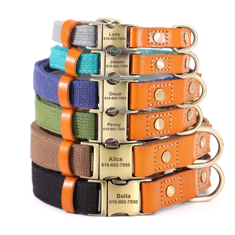 Personalized pet collars with durable nylon and leather in various colors, engraved with names and contact numbers