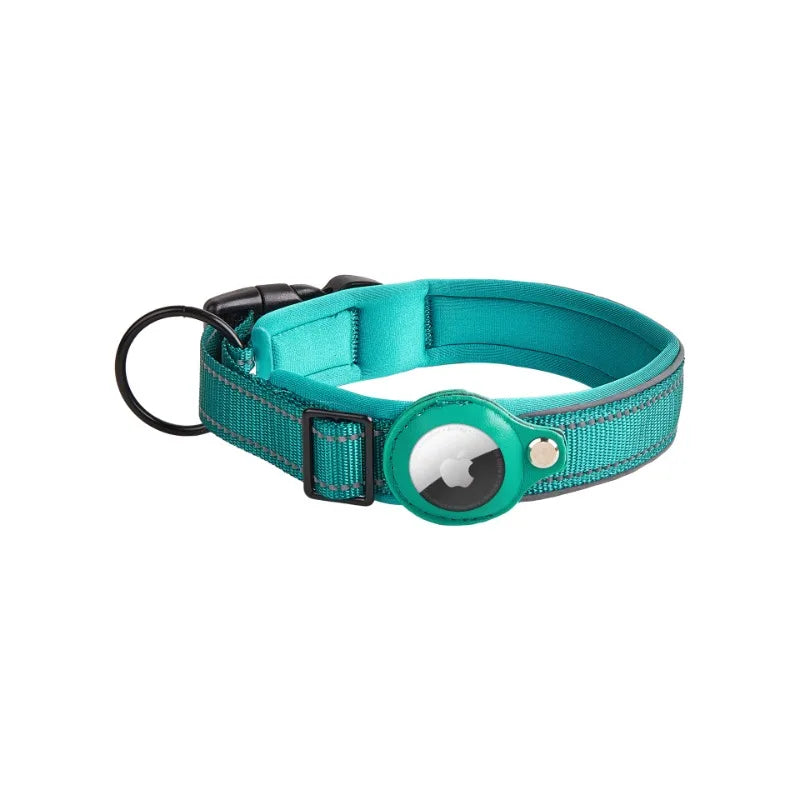 Teal Pet Air Tag Collar with durable adjustable strap and secure AirTag holder for pet tracking and safety.
