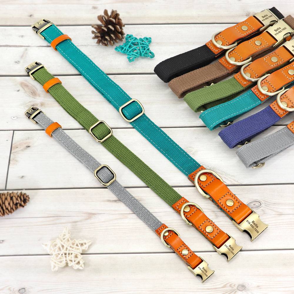 Personalized nylon and leather pet collars in various colors with durable metal buckles and adjustable straps