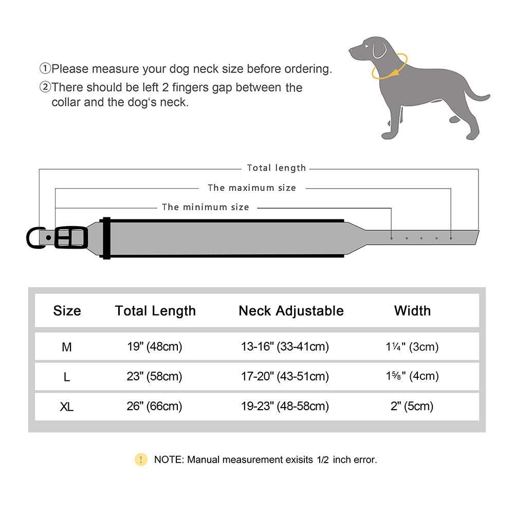 Diagram showing measurement guide and sizing chart for extra wide leather pet collar with adjustable neck sizes and width options