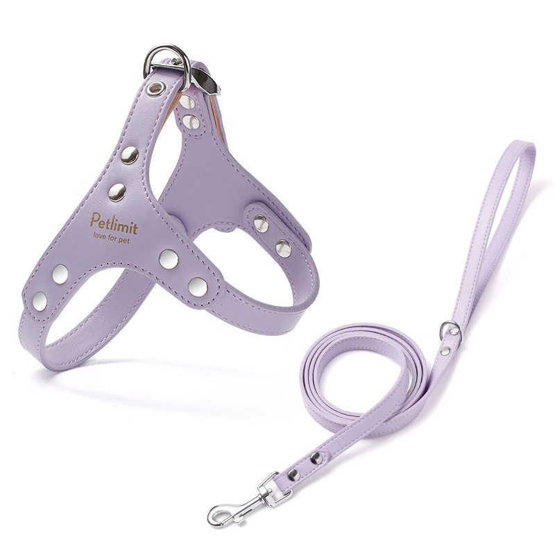 Lilac Genuine Leather Pet Harness & Leash Set