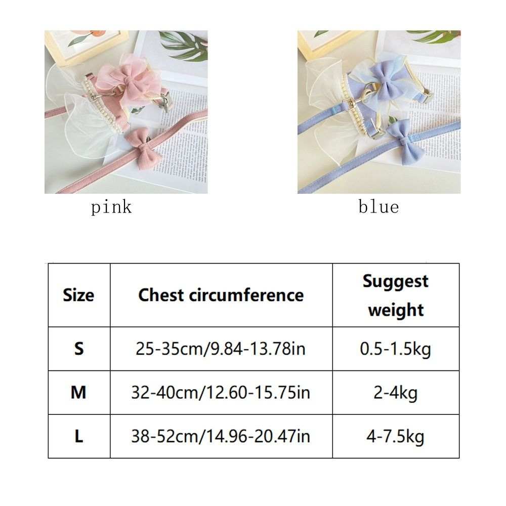 Pink and blue bow harness and leash set for small pets with adjustable chest sizes and cute bow design