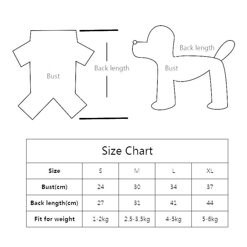 Pet knit sweaters size chart with bust and back length measurements for small to XL pets