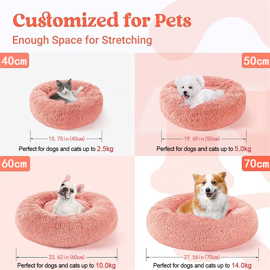 Ballet Pink plush round pet bed by Pet Panache Boutique with soft cushioning and cozy design for small pets.