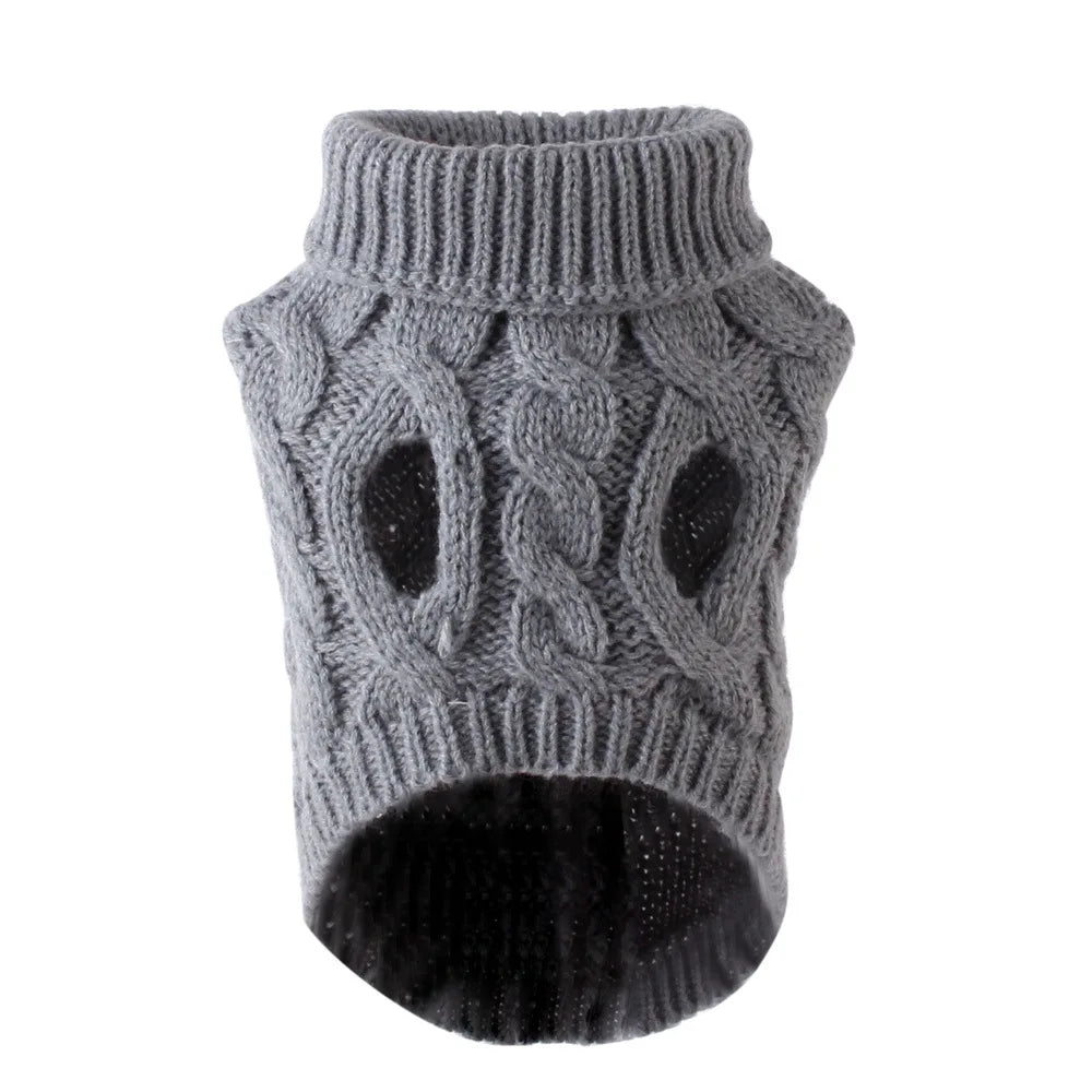 Gray cable knit pet sweater with turtleneck collar and cozy fit