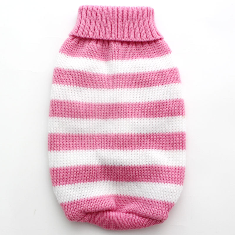 Pink striped pet sweater with white bands, cozy knitwear for pets, warm and durable pet clothing