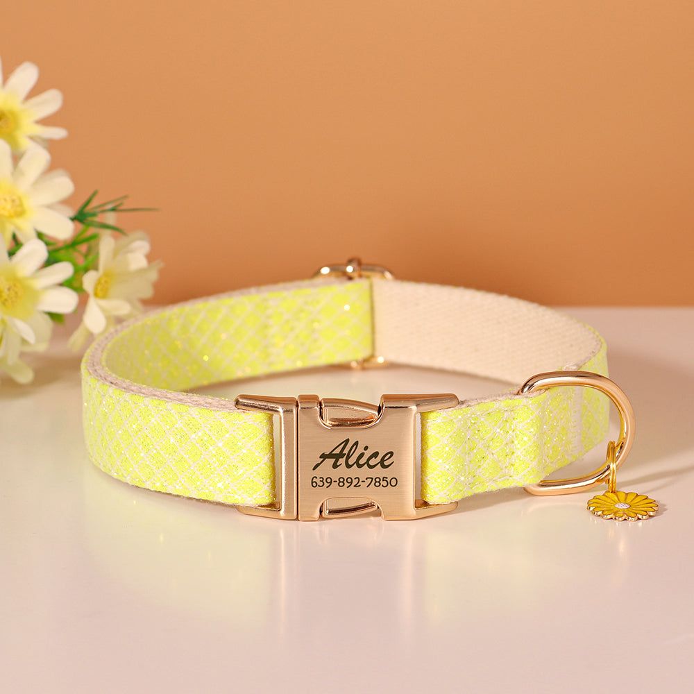 Pastel multicolor mermaid pattern pet collar with personalized name tag and daisy charm