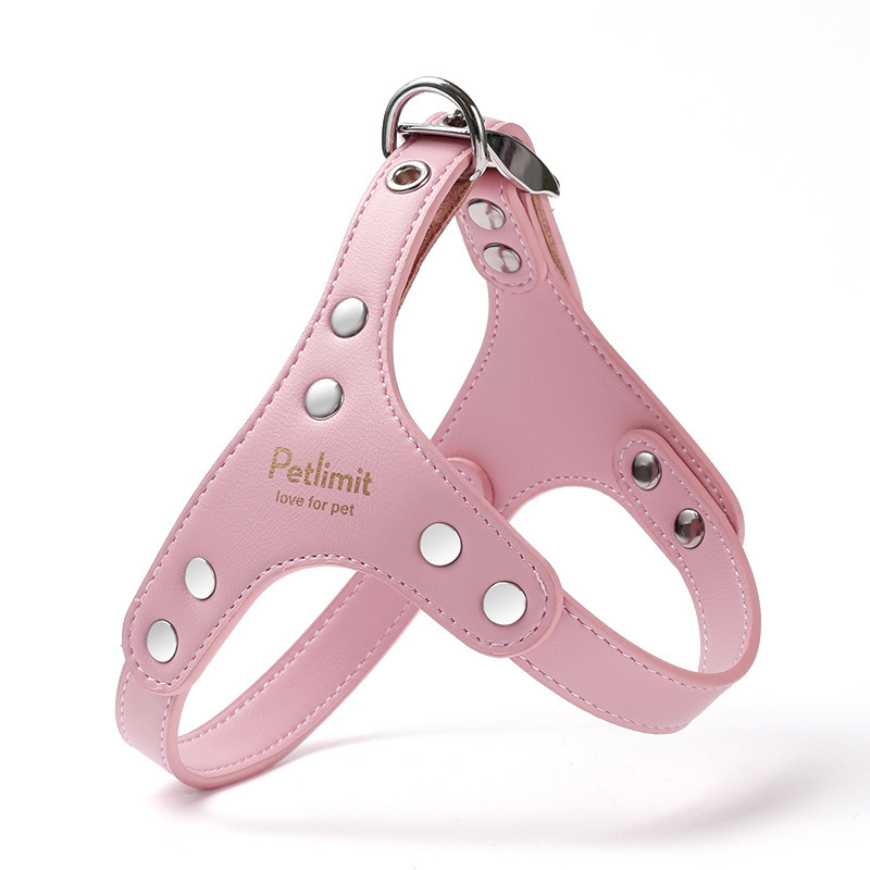Pink genuine leather pet dog harness with adjustable straps and metal buckle, crafted by Pet Panache Boutique.