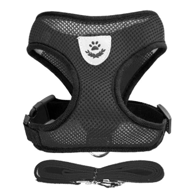 Black breathable pet harness and leash set with paw print detail for comfortable secure walking